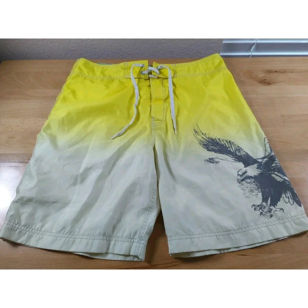 American Eagle Swim Trunks Board Shorts Men's 34 Yellow Eagle Print Beach Surf